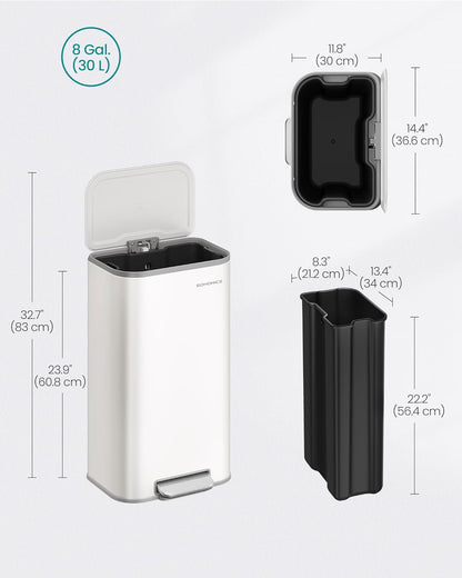 SONGMICS Kitchen Trash Can, 8-Gallon (30 L) Garbage Can with Lid, Stainless Steel, Soft Close and Stays Open, Inner Bucket, Wide Non-Slip Pedal, Cloud White ULTB546W01