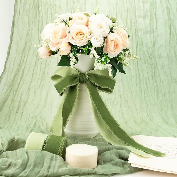 Green Cotton Ribbon 1 Inch Sage, Moss & Ivory 3 Rolls 21 Yards Frayed Edge Fabric Set for Boho Rustic Wedding Invitations, Bridal Bouquets, Gift Wrapping, DIY Crafts, Spring Home Decor