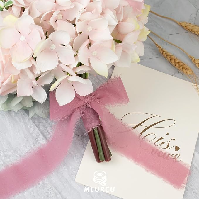 Rosy Mauve Chiffon Ribbon - 1.5 Inch x 21 Yards, Handmade Fringe, Silk, Boho Frayed, Perfect for Gift Wrapping, Wedding Invitations, Bridal Flower Bouquets