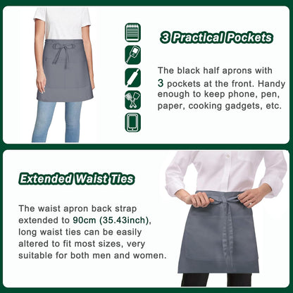4 Pack Short Server Waitress Chef Apron, Grey Waist Aprons with 3 Pockets for Women Men, Half Apron for Waiter Cooking Dishwashing Cleaning Painting Gardening Barbecue (Polycotton - Grey)