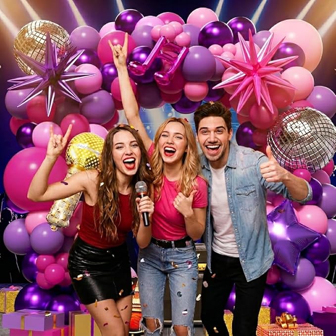 K-Pop Music themed Birthday Decorations 160Pcs, Hot Pink Metallic Purple Balloon Garland Arch Kit with Disco Notes Star Foil Balloons for Girls Fans Birthday Grad Prom Princess Party Decor