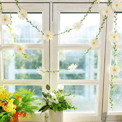 3D Daisy Flower Garland (2PCS) Flower Banner Wildflower Party Decorations Leaves Banner Paper Flower Spring Wedding Backdrop Decor