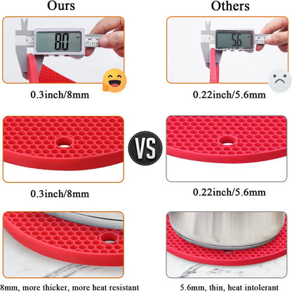 Silicone Trivets for Hot Pots and Pans - 4PCS Heat Resistant Oversized Silicone Pot Holders Hot Pads for Kitchen, Multipurpose Round Trivet Mat, Spoon Holder & Jar Opener, Drying Mat（Red）