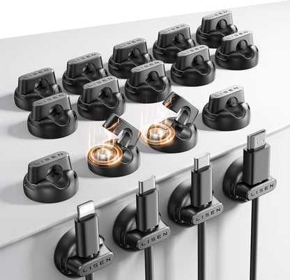 18-Pack Magnetic Cable Clips [1S Snap-On] Cord Holder, LISEN Office Desk Organizers and Accessories with 9 Extra Strong Adhesive Pads, Wire Organizer for Nightstand, Home, Wall, Car, Desktop