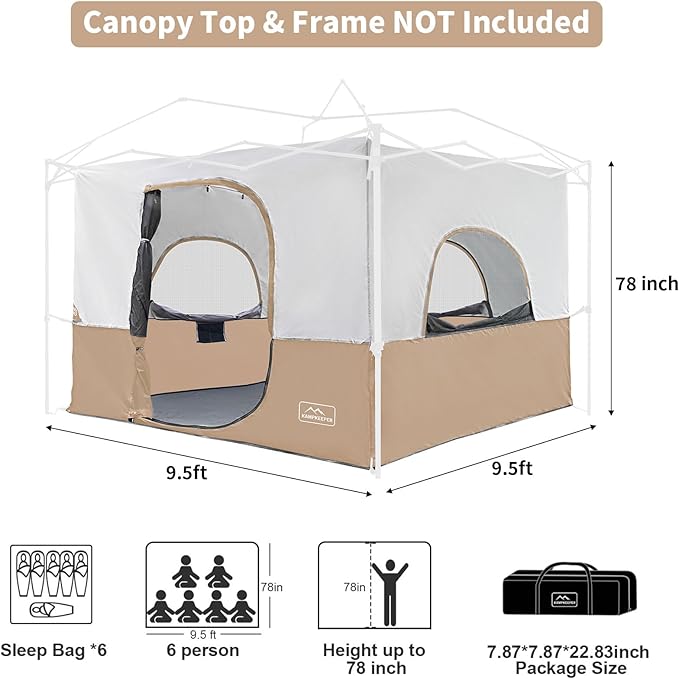 KAMPKEEPER Camping Inner Tent for Pop Up Canopy, Converts 10'x10' Straight Leg Canopy into Camping Tent–Fully Vented Roof(Top & Frame NOT Included) (Khaki, Classic)