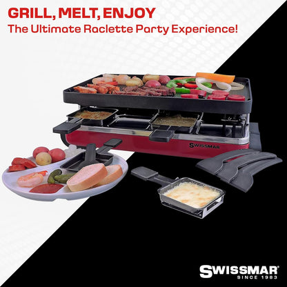 Swissmar Classic 8-Person Raclette Party Grill with Reversible Cast Aluminum Non-Stick Grill Plate/Crepe Top, Indoor Electric Raclette Grill & Griller - Black Grill Plate - Red