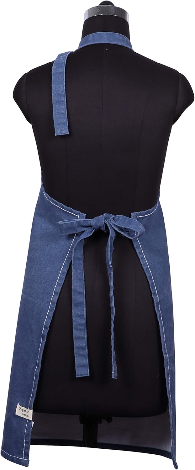AMOUR INFINI Cotton Solid Aprons for Women with Pocket, Adjustable Strap and Waist Ties Washed Chef Aprons for Cooking, Baking and Gardening (27.5x33 Inches - Blue)