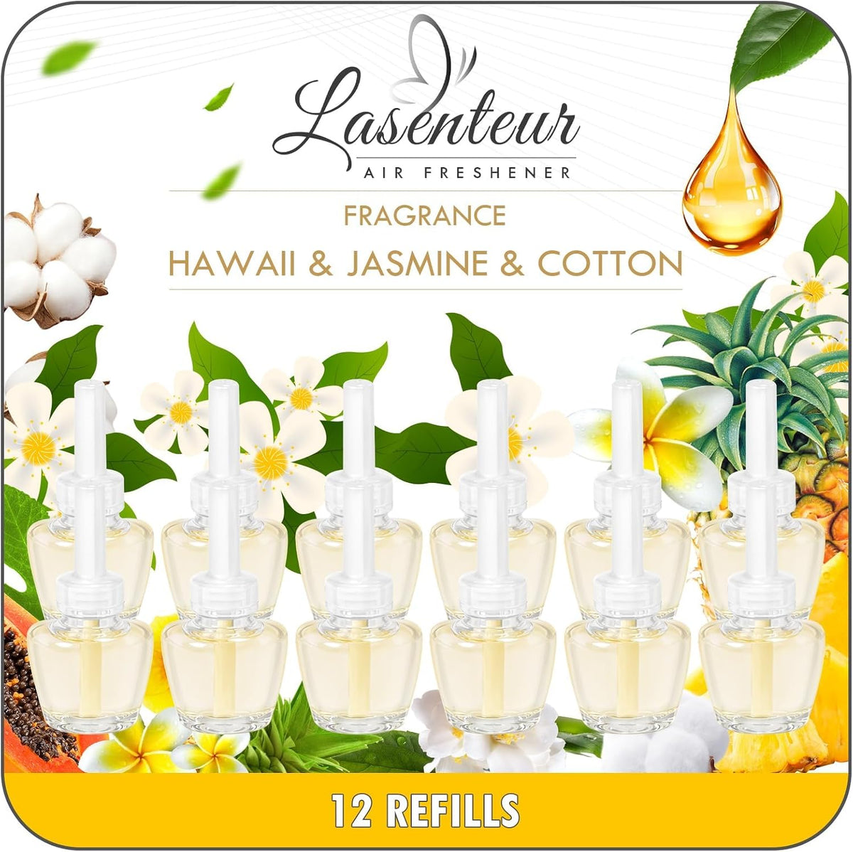PlugIns Refills Air Freshener, Scented and Essential Oils for Home and Bathroom, Hawaiian, Jasmine, Cotton, Indoor Home Use, 12 Count, Compatible with Airwick, Compatible with Glade