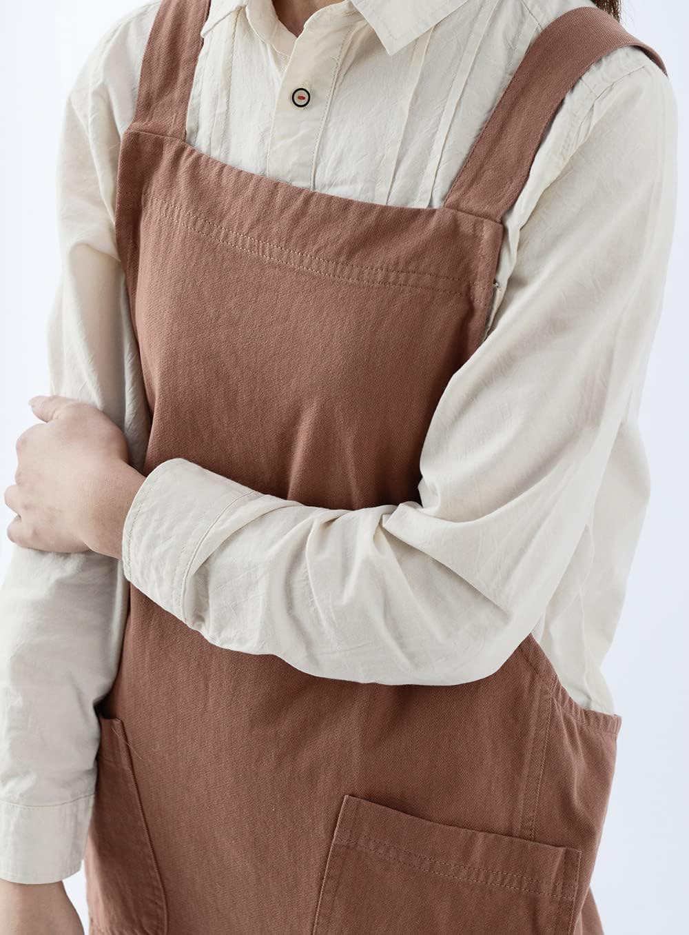 Soft Cotton Linen Apron for Women - Non-tie Cross Back Apron with Pockets, Great for Florist and Kitchen