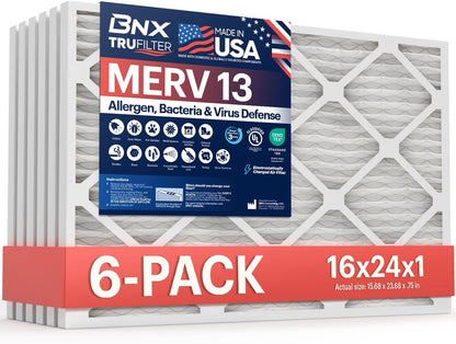 BNX TruFilter 16x24x1 Air Filter MERV 13 (6-Pack) - MADE IN USA - Electrostatic Pleated Air Conditioner HVAC AC Furnace Filters for Allergies, Pollen, Mold, Bacteria, Smoke, Allergen, MPR 1900 FPR 10