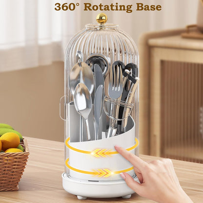 JEESA Utensil Holder with Lid, 360° Rotating Flatware Organizer for Cutlery Spoon Fork(H Less 8"), Silverware Caddy Organizer Drainage Dustproof Flatware Holder Kitchen Countertop Storage, White