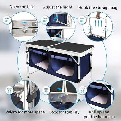 CampLand Outdoor Folding Table Aluminum Lightweight Height Adjustable with Storage Organizer for BBQ, Party, Camping