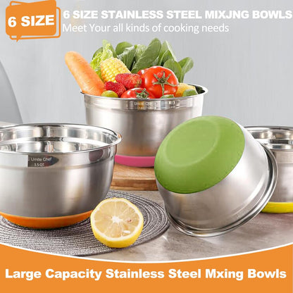 Umite Chef Mixing Bowls with Airtight Lids, 6 Piece Stainless Steel Metal Bowls, Measurement Marks & Colorful Non-Slip Bottoms Size 7, 3.5, 2.5, 2.0