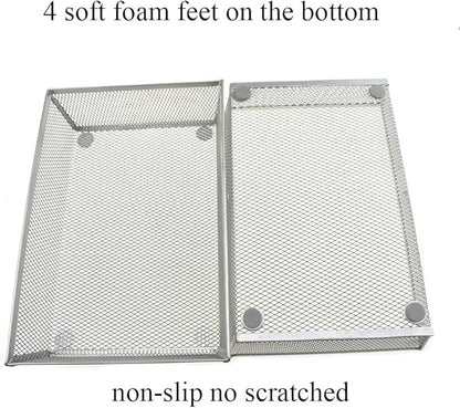 HAHIYO Stackable Mesh Tray Cup 9 x 6 x 2 inches Sturdy Container for Desk Drawer Organizer Collection for Home Office School kitchen Soft Foam Feet No Sharp Edges 1 Pack Silver