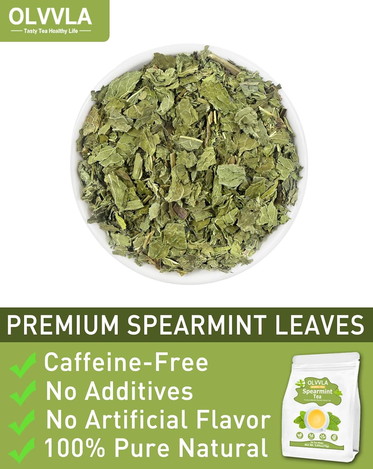 Olvvla - Spearmint Tea Bags - 1.5g X 50 Count - 100% Pure Natural Spearmint Leaves Herbal Tea - Non-GMO - Caffeine-free
