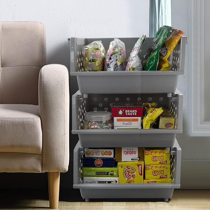 3-pack Stackable Storage Baskets, Plastic Stacking Organizer Bins