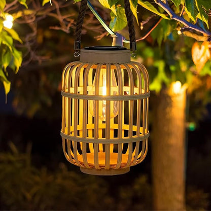 pearlstar Outdoor Solar Lanterns Light Rattan Natural Lantern with Handle for Hanging or Table Lamp for Patio Yard Garden Wedding Home Decoration, Edison Bulb, Auto on/Off (Style 4)