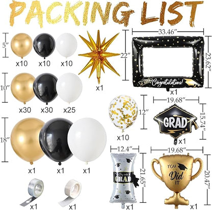 135Pcs Black Gold White Graduation Balloon Garland Arch Kit,with Explosion Star,Diploma,Trophy,Grad Hat,Photo Frame Foil Balloons for Congrats Class of 2026 Graduates Celebrations Party Decoration