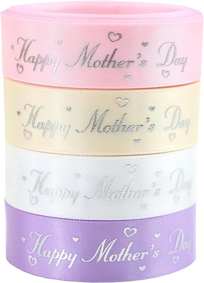 Mother’s Day Ribbon Set – 4 Rolls Satin Gift Ribbons with Gold Foil Letters – 5 Yards Each, 19mm – Happy Mother's Day – Gift Wrap, Crafting, DIY Decoration (4)