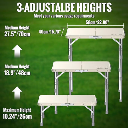 GARLLEN Waterproof Camping Table with High-Density Plastic Tabletop, Portable Folding Picnic Table with 3 Adjustable Height, Aluminum Frame Outdoor Table for BBQ, Camping, Indoor Use, 22.8"L x 15.7"W