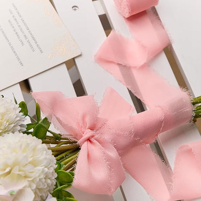 Pink Chiffon Ribbon 1.5" x 21 Yd Handmade Fringe Silk Chiffon Fabric Ribbon for Gift Wrapping Wedding Invitation Bridal Flower Bouquet DIY Crafts Home Decor