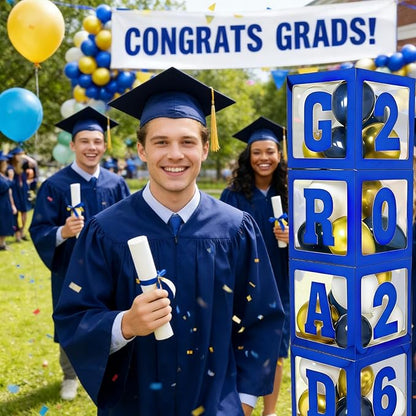 2026 Graduation Decorations - 4Pcs Blue Balloon Boxes with Letters 2026&Grad for Preschool Kindergarten Middle High School College Graduation Party Decorations Class of 2026