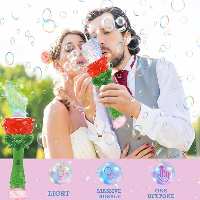 Bubble Wand Wedding Electric Bubble Maker Machine,Blingbrione 10 Holes Auto Bubble Blower Flower Rose Light-up Handheld for 3-16 Kids Girls Adults.Bubble for Party Outdoor, 2 Bubble Solution.