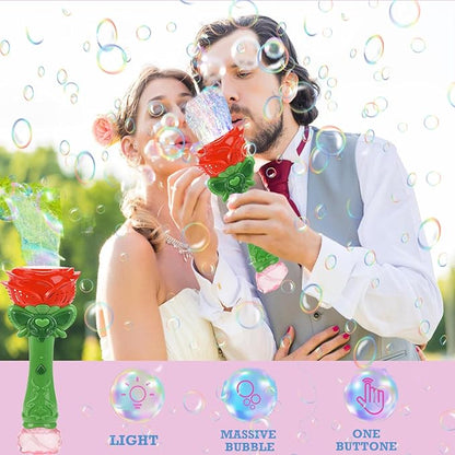 Bubble Wand Wedding Electric Bubble Maker Machine,Blingbrione 10 Holes Auto Bubble Blower Flower Rose Light-up Handheld for 3-16 Kids Girls Adults.Bubble for Party Outdoor, 2 Bubble Solution.