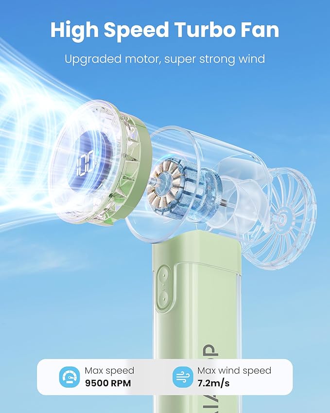 Gaiatop Portable Handheld Turbo Fan, 1-100 Adjustable High Speeds, 3-20Hrs Cooling Times, 4800mAh USB Rechargeable Portable Small Hand Fans with Lanyard for Outdoor, Travel, Home, Make Up, Green