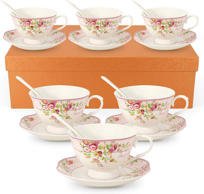 Cup and Saucer Sets of 6 with Spoon, 8oz Ceramic Tea Cups Saucers Set Porcelain New Bone China Floral Vintage Coffee Cup & Saucer Sets -Microwave Dishwasher Safe (Pink)