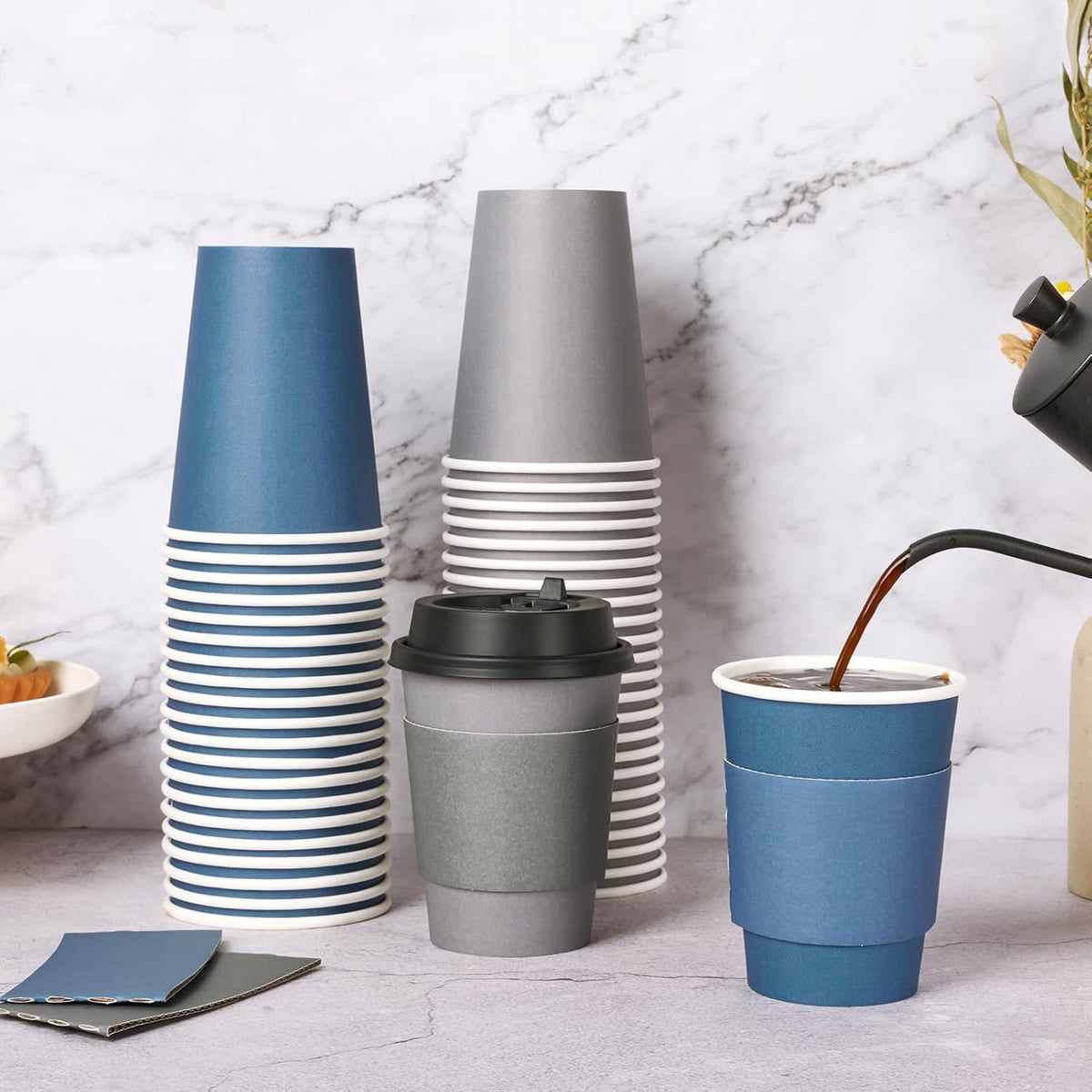 Litopak 100 Pack 12 oz Disposable Paper Coffee Cups with Lids, Sleeves and Stirring Sticks for Hot Coffee, Water or Juice