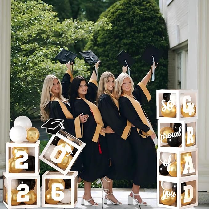 2026 Graduation Party Decorations, 4Pcs White Boxes with 30Pcs Black White Gold Latex Balloons with Letters "2026 GRAD So Proud of You" for High School College Graduation Party Decorations (White)