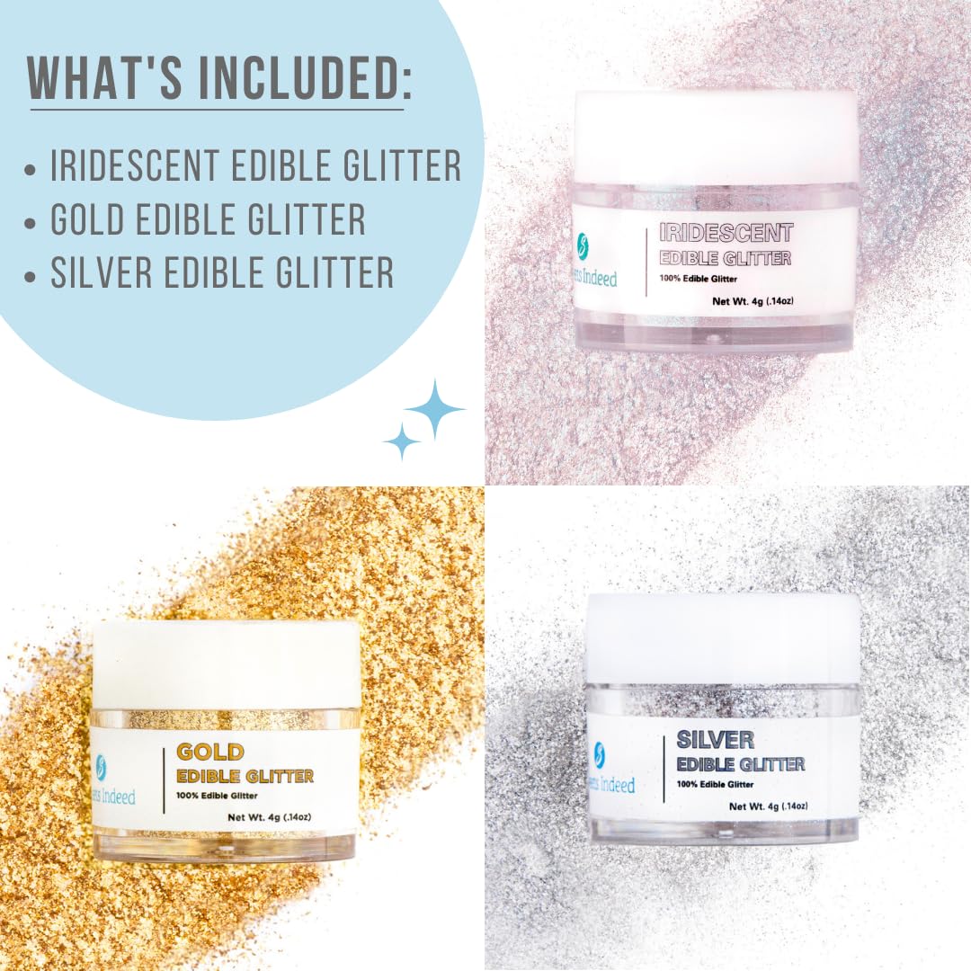 Sweets Indeed Edible Glitter, Perfect for Drinks, Cocktails, Beverages & Cake Decorating, Dessert Cake Topper, 4 grams, 3 Pack, New Years