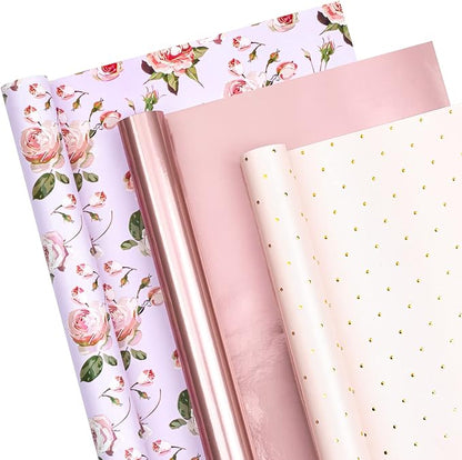 WRAPAHOLIC Pink Wrapping Paper Roll - Mini Roll - 3 Rolls - 17 Inch X 120 Inch Per Roll - Pink Floral Rose Gold Design for Wedding, Bridal Shower, Birthday, Baby Shower, Spring
