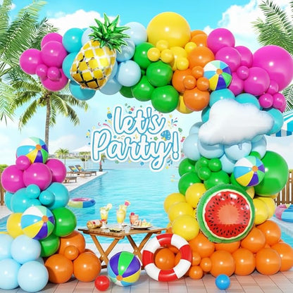 Tropical Hawaiian Balloon Garland Arch Kit 160Pcs, Summer Beach Pool Balloons Arch Kit with Beach Ball Pineapple for Birthday Hawaiian Luau Pool Beach Party Baby Shower Coconut Party Decor