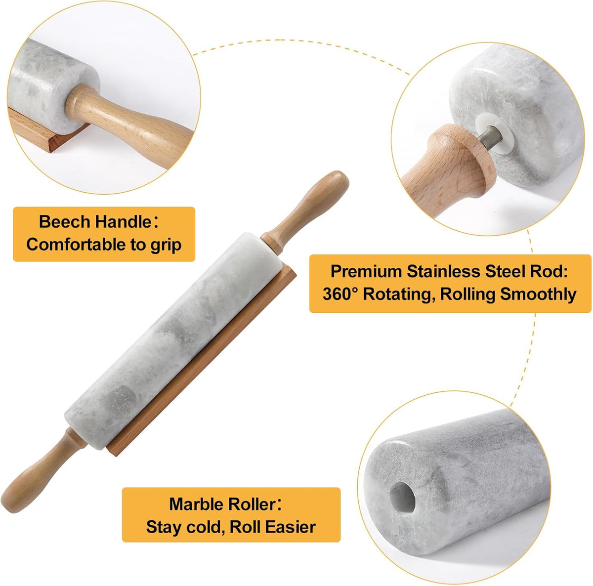 Koville African Natural Marble Rolling Pin, Non-Stick Polished Dough Roller, Pasta, Dumpling, Fondant, Pie Crust, Bread, Pizza Dough