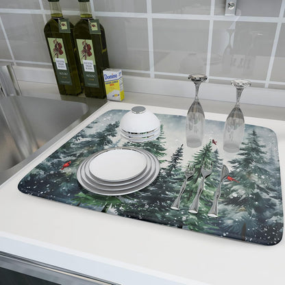 Christmas Tree Dish Drying Mat for Kitchen Counter Winter Pine Tree Dish Drying Mat 18x24 Inch Red Bird Christmas Dish Draining Mat Absorbent