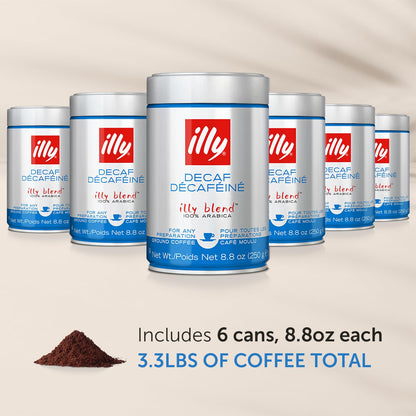 Illy Ground Espresso Coffee, Decaffeinated - Medium Roast - Mild & Balanced - 100% Arabica - Pressurized Packaging Sealed for Freshness - 8.8oz (Pack of 6)