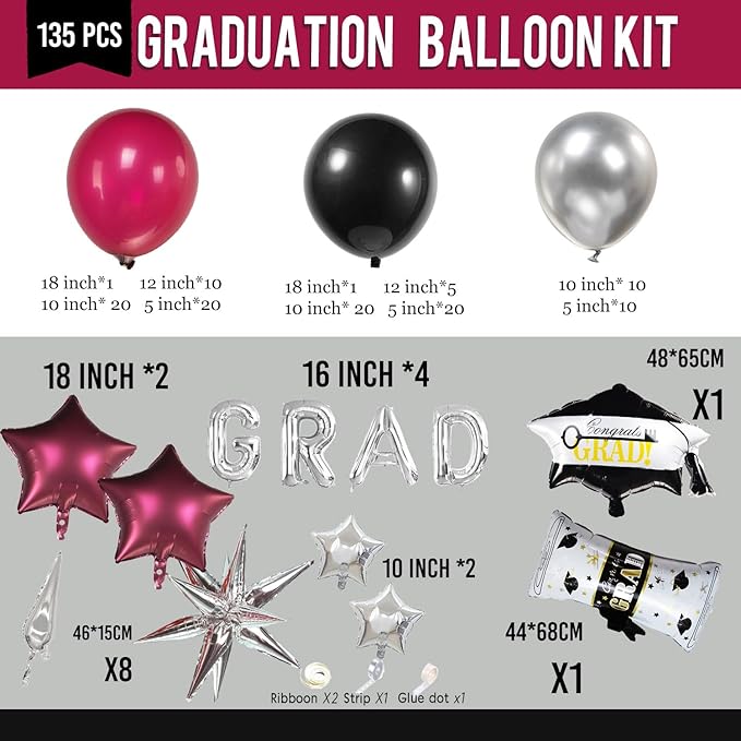 130 Pcs Maroon Black Silver Balloon Arch Kit with GRAD Letters & Graduation Cap Foil Balloons, Star Accents for Senior Night Decorations, Class of 2026 Prom & Party Supplies