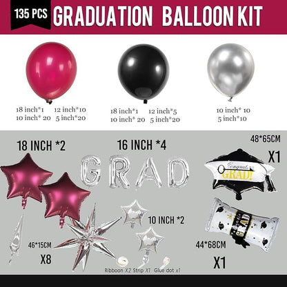130 Pcs Maroon Black Silver Balloon Arch Kit with GRAD Letters & Graduation Cap Foil Balloons, Star Accents for Senior Night Decorations, Class of 2026 Prom & Party Supplies
