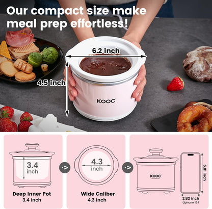 KOOC Small Slow Cooker, 0.65 Quart, Free Liners Included, Upgraded Ceramic Pot, Nutrient Loss Reduction, Sauces, Stews & Dips, Stainless Steel, Pink, Round