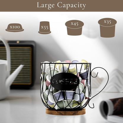 Rustic Metal K-Cup Coffee Pod Holder Mug - Large Wire Basket with Wooden Base for Countertop Coffee Storage