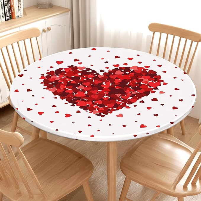 Valentines Day Round Fitted Tablecloth with Elastic Red Love Heart Circle Table Cloth for 36-40" Tables Wipeable Waterproof Washable Valentine Decorative Table Cover for Picnic Dining Party Decor