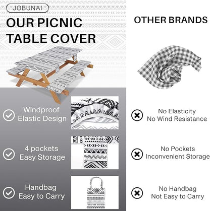 Picnic Table Cover with Bench Covers Fitted Waterproof Large Camping Tablecloth with Elastic for 8 Foot Tables Outdoor Travel RV Essentials Summer Vacation Accessories Fun Gifts for Couples
