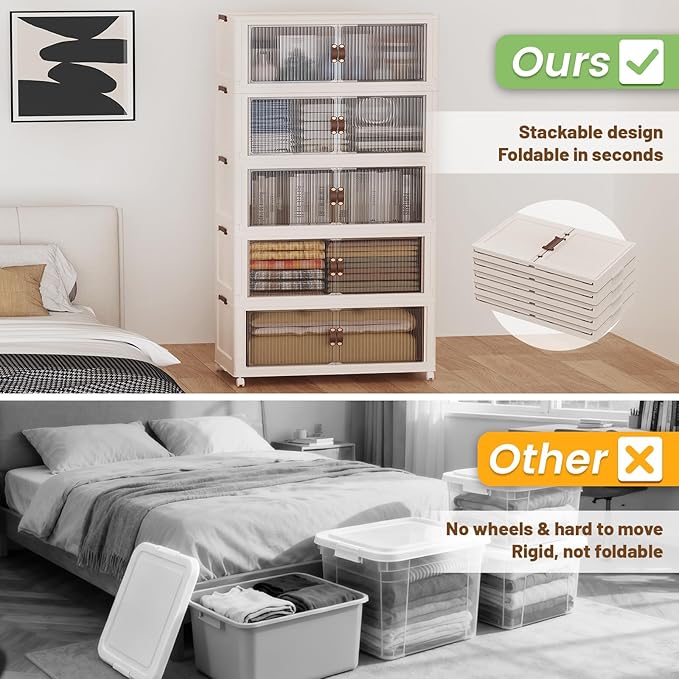 SAILUN 145Gal/580Qt Stackable Storage Bins Folding Collapsible Storage Bins with a Lid, Closet Organizers and Storage,Blush White 26" W x 17" D x 71" H