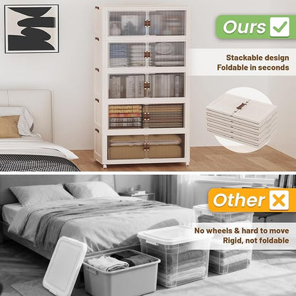 SAILUN 145Gal/580Qt Stackable Storage Bins Folding Collapsible Storage Bins with a Lid, Closet Organizers and Storage,Blush White 26" W x 17" D x 71" H