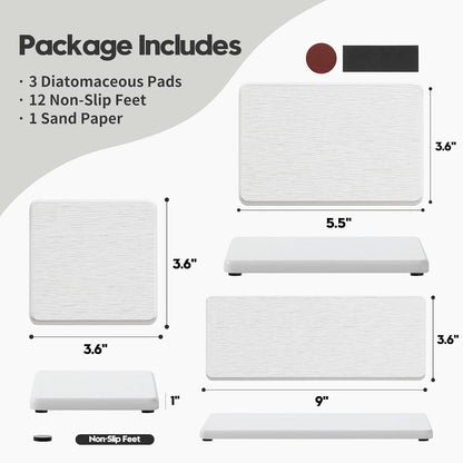 3PCS Bathroom Sink Vanity Trays, Quick Stone Drying Mat Dish Soap Dispenser Sponge Holder for Kitchen Counter, Diatomaceous Earth Water Absorbing Caddy Organizer, White