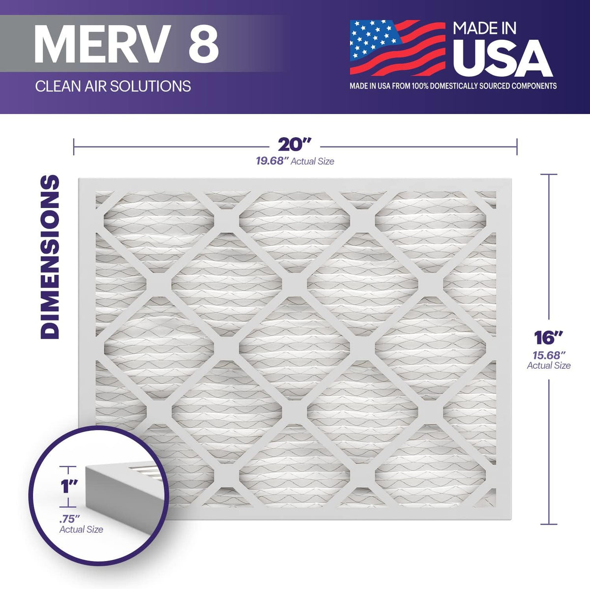 BNX TruFilter 16x20x1 Air Filter MERV 8 (6-Pack) - MADE IN USA – Dust & Pet Defense Electrostatic Pleated Air Conditioner HVAC AC Furnace Filters for Dust, Pet, Mold, Pollen MPR 600 – 700 & FPR 5