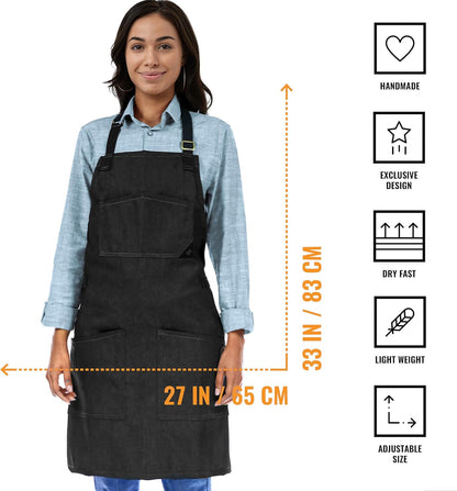 Under NY Sky Chef Apron – Professional Black Denim – Cotton Straps - Smart Pockets - Adjustable for Men and Women – Pro Chef, Cook, Kitchen, Baker, Barista, Bartender, Server Aprons