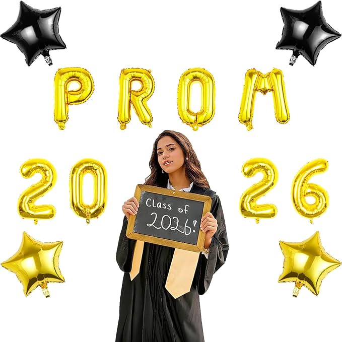 Prom 2026 Balloons Decorations, 16 Inch Foil Letter Number Balloons with 18 Inch Black Gold Star Balloons for High School College Graduation Gift Retirement Ins Photo Party Supplies